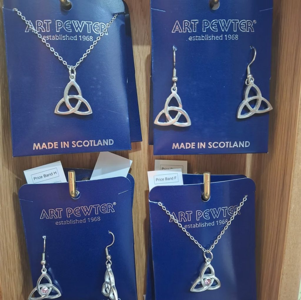 Pewter jewelry on display